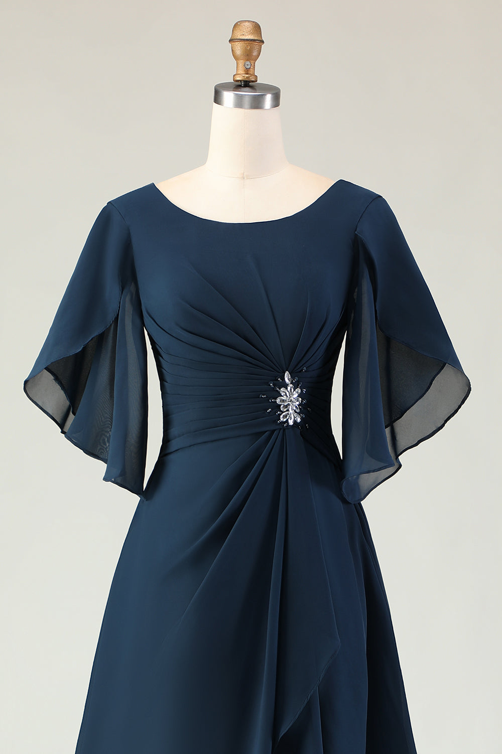 Navy A Line Ruched Chiffon Midi Choir Dress with Beading