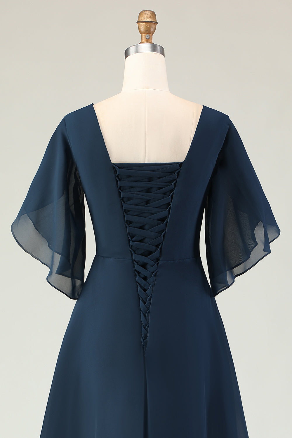 Navy A Line Ruched Chiffon Midi Choir Dress with Beading
