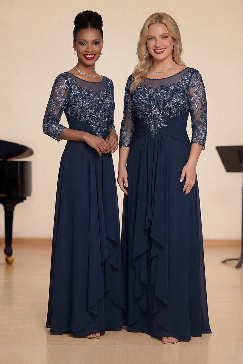 Navy A-Line Appliqued Boat Neck Long Choir Dress with 3/4 Sleeves