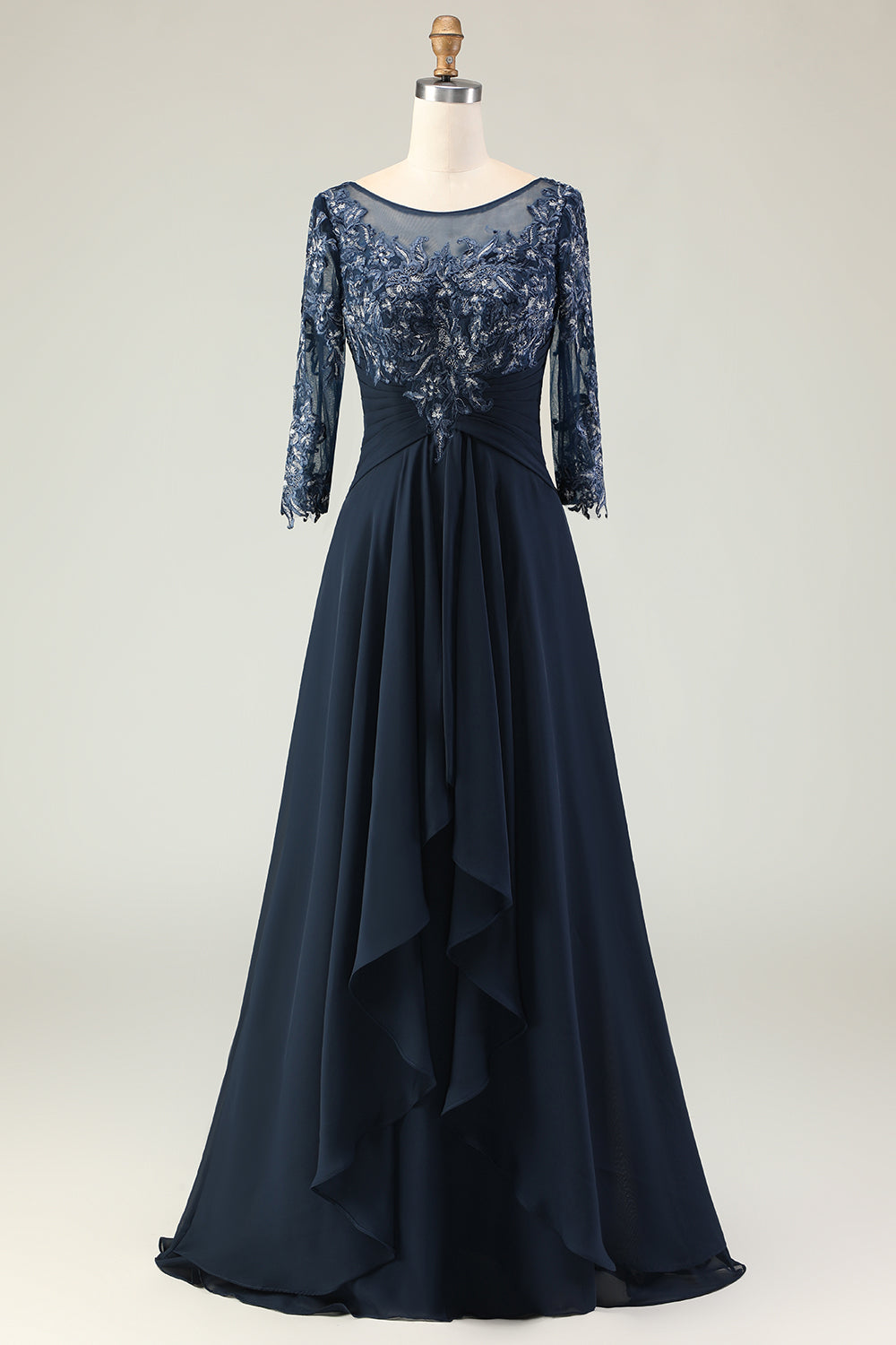 Navy A-Line Appliqued Boat Neck Long Choir Dress with 3/4 Sleeves