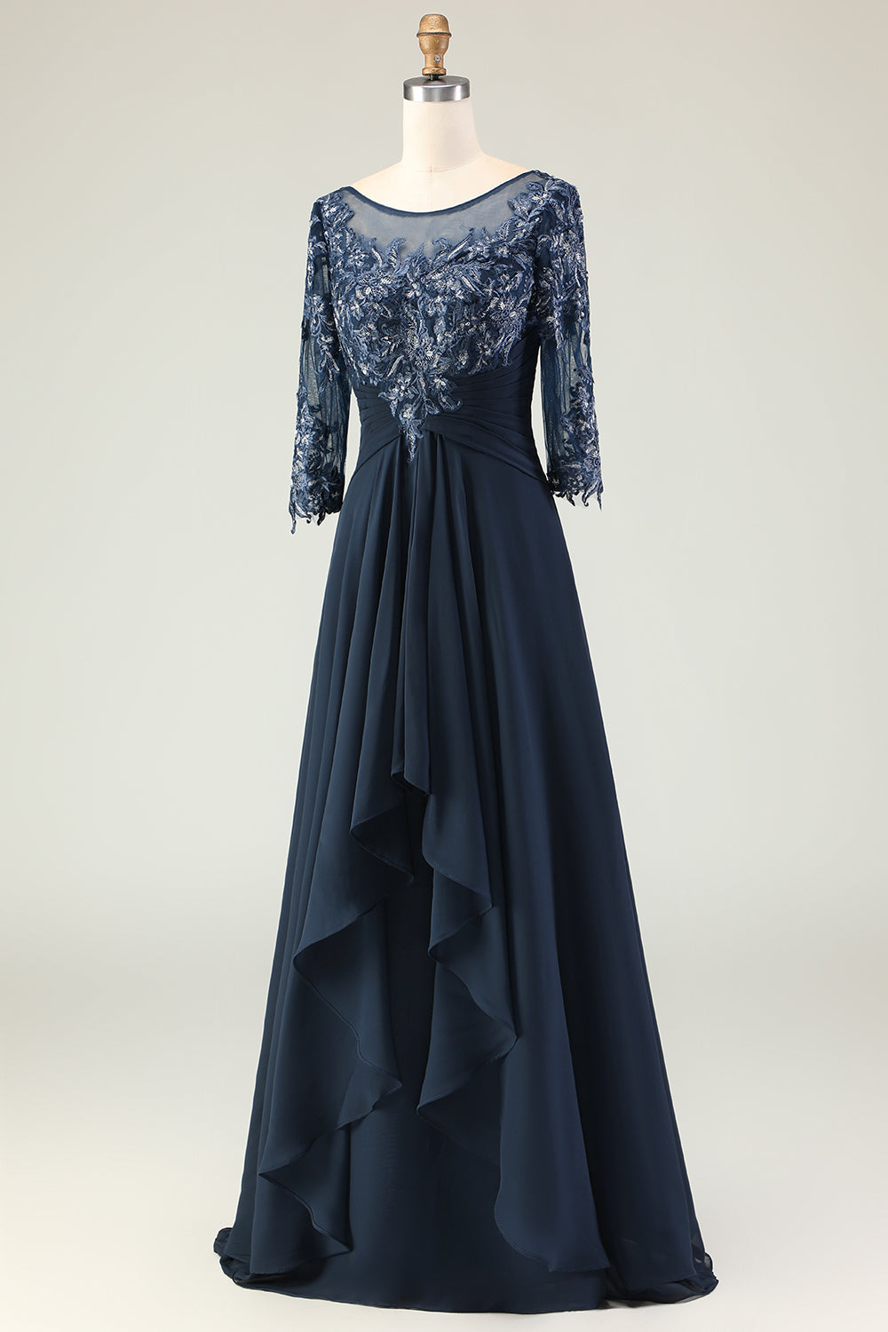 Navy A-Line Appliqued Boat Neck Long Choir Dress with 3/4 Sleeves