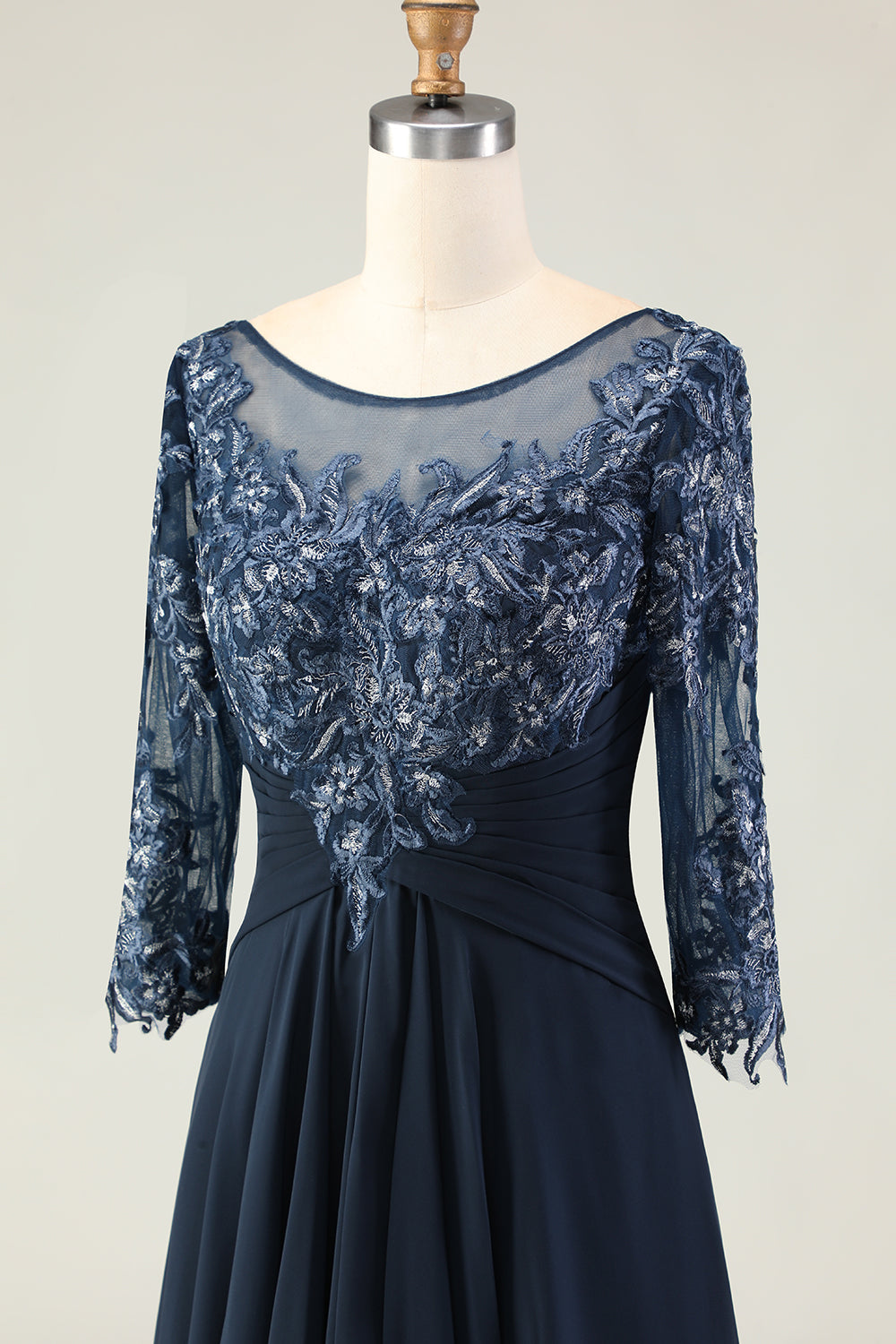 Navy A-Line Appliqued Boat Neck Long Choir Dress with 3/4 Sleeves