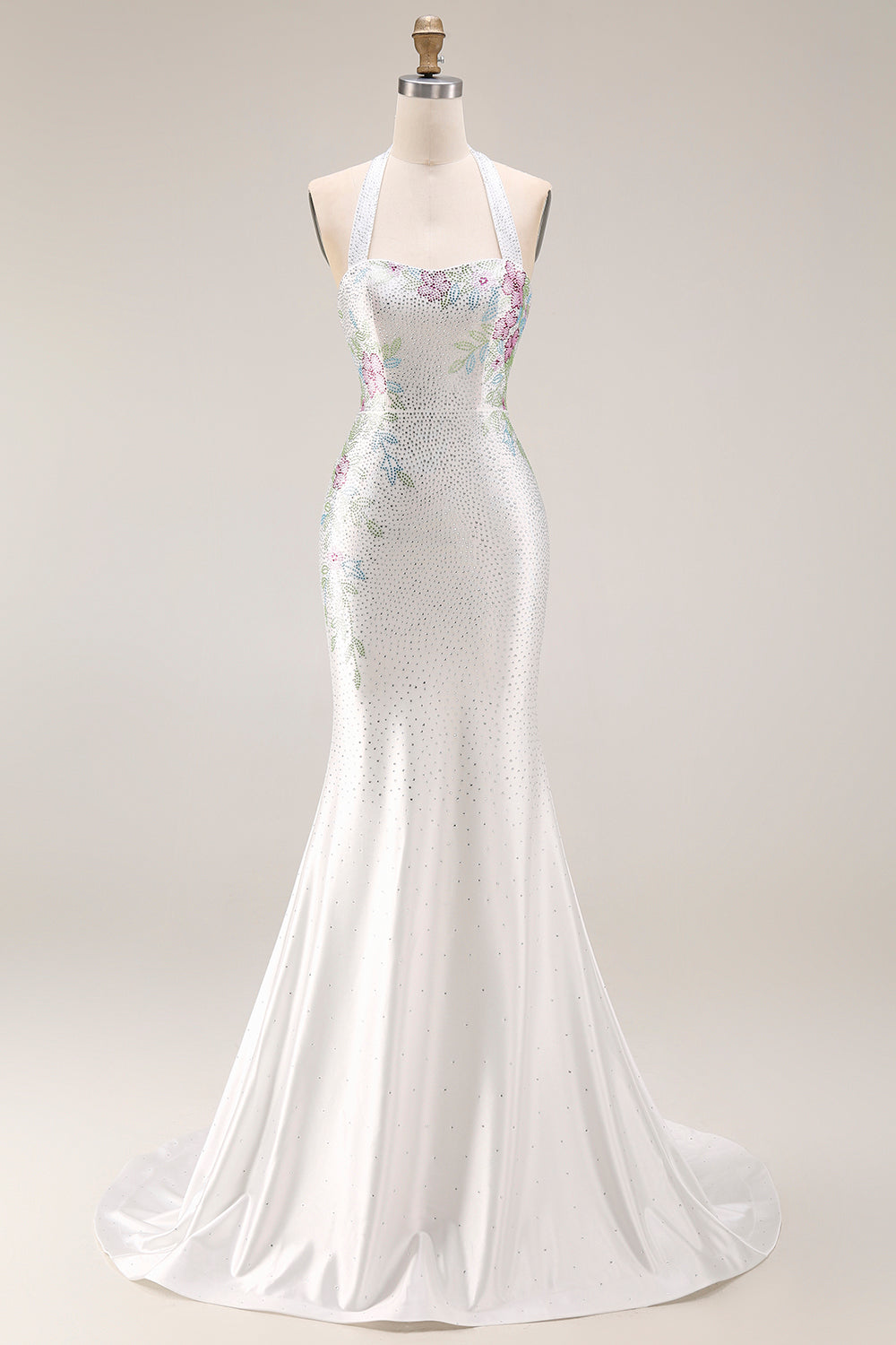 White Beaded Halter Mermaid Satin Long Prom Dress