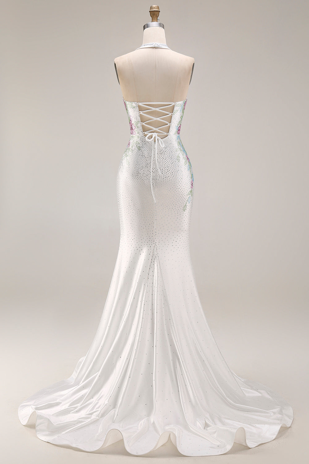White Beaded Halter Mermaid Satin Long Prom Dress