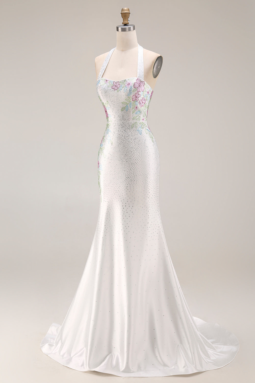 White Beaded Halter Mermaid Satin Long Prom Dress