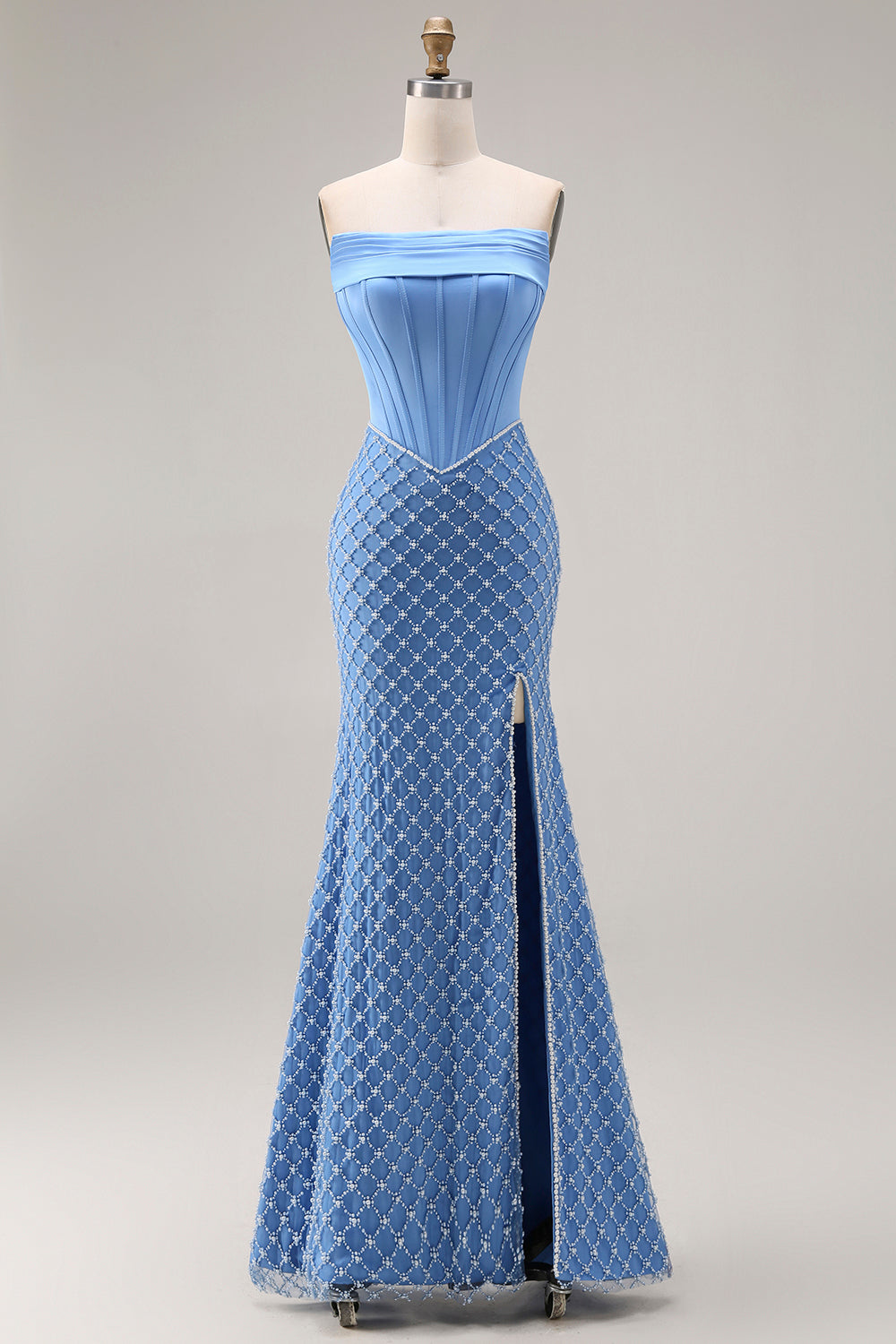 Robe longue de bal sirène bustier bleu perlé avec fente