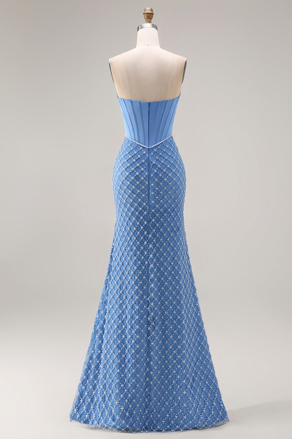Robe longue de bal sirène bustier bleu perlé avec fente