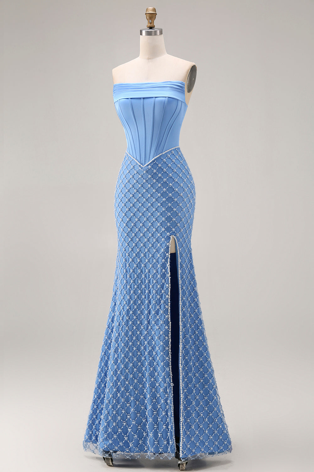 Robe longue de bal sirène bustier bleu perlé avec fente