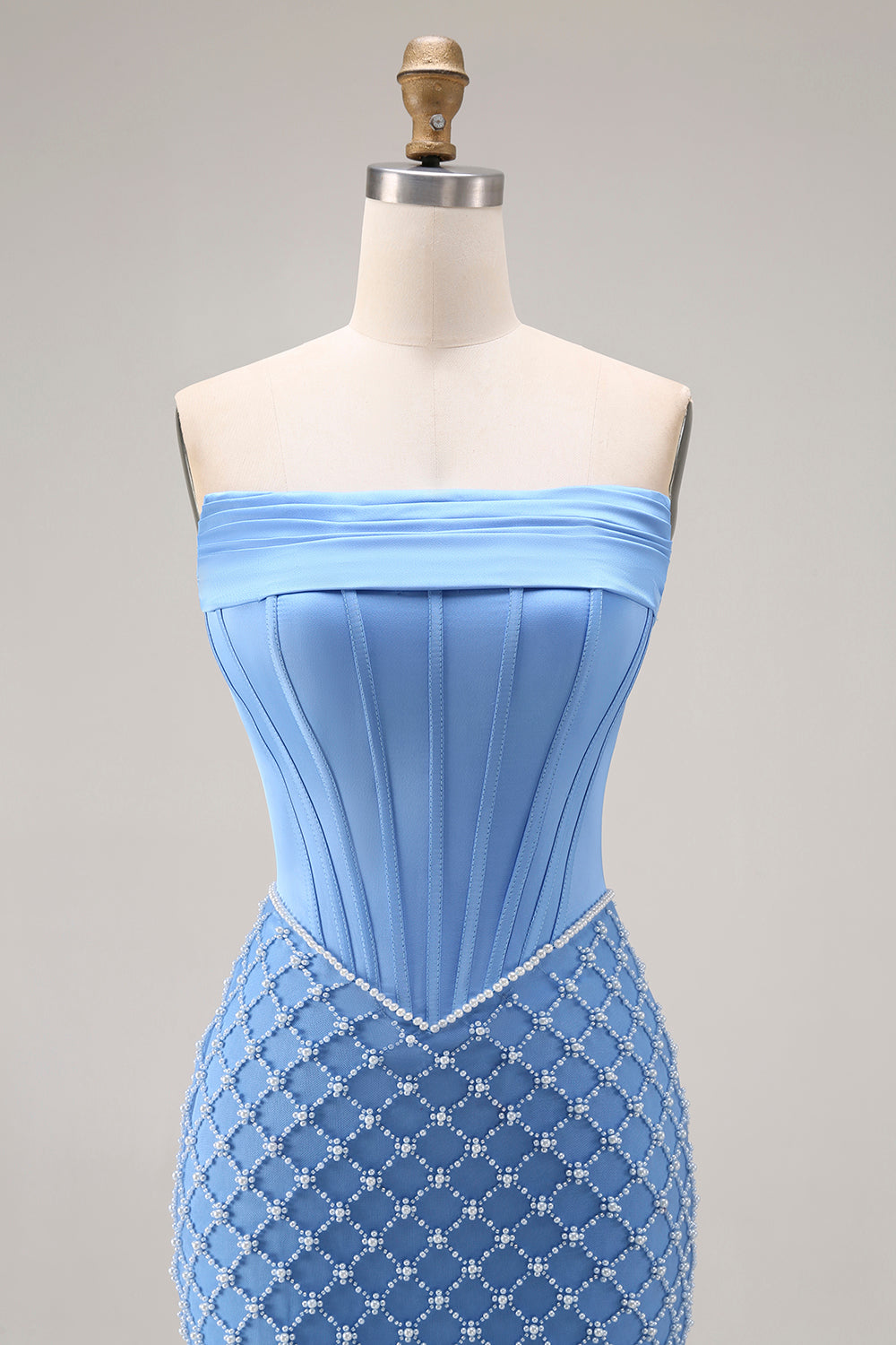 Robe longue de bal sirène bustier bleu perlé avec fente