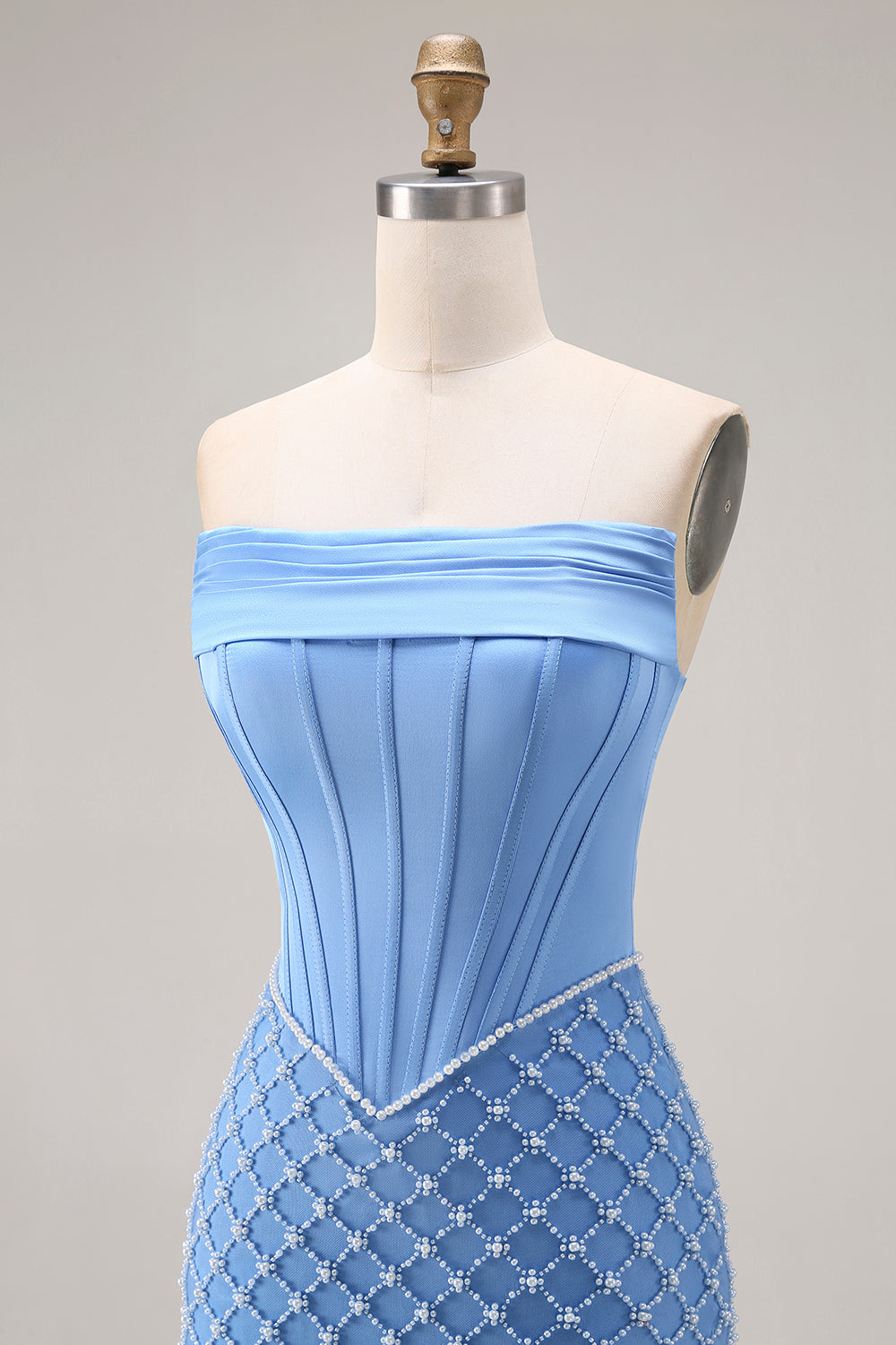 Robe longue de bal sirène bustier bleu perlé avec fente