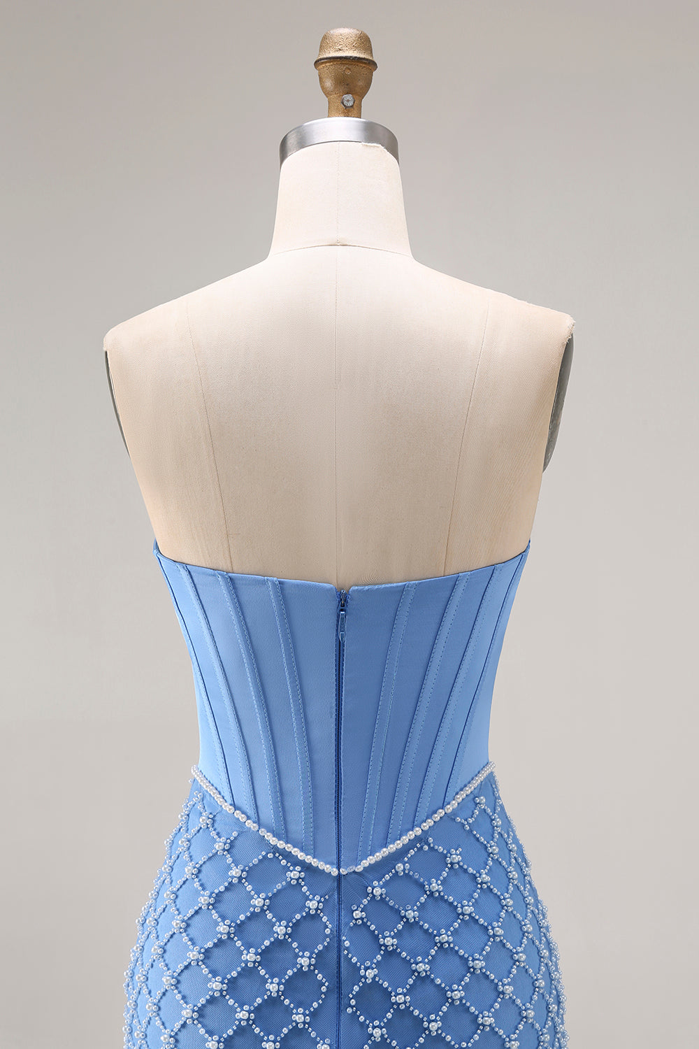 Robe longue de bal sirène bustier bleu perlé avec fente