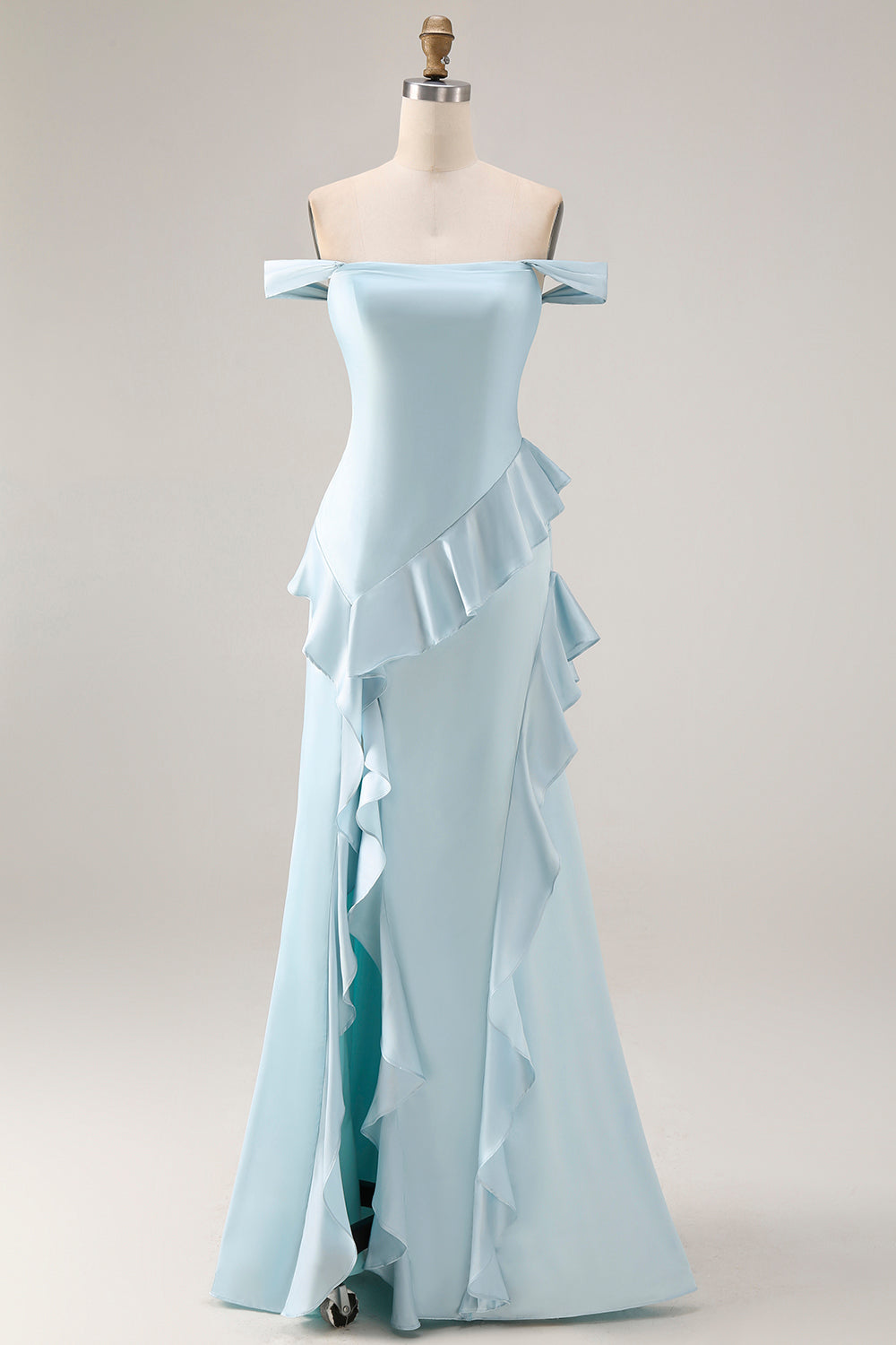 Light Blue Off-the-Shoulder Ruffled Mermaid Satin Long Bridesmaid Dress with Slit