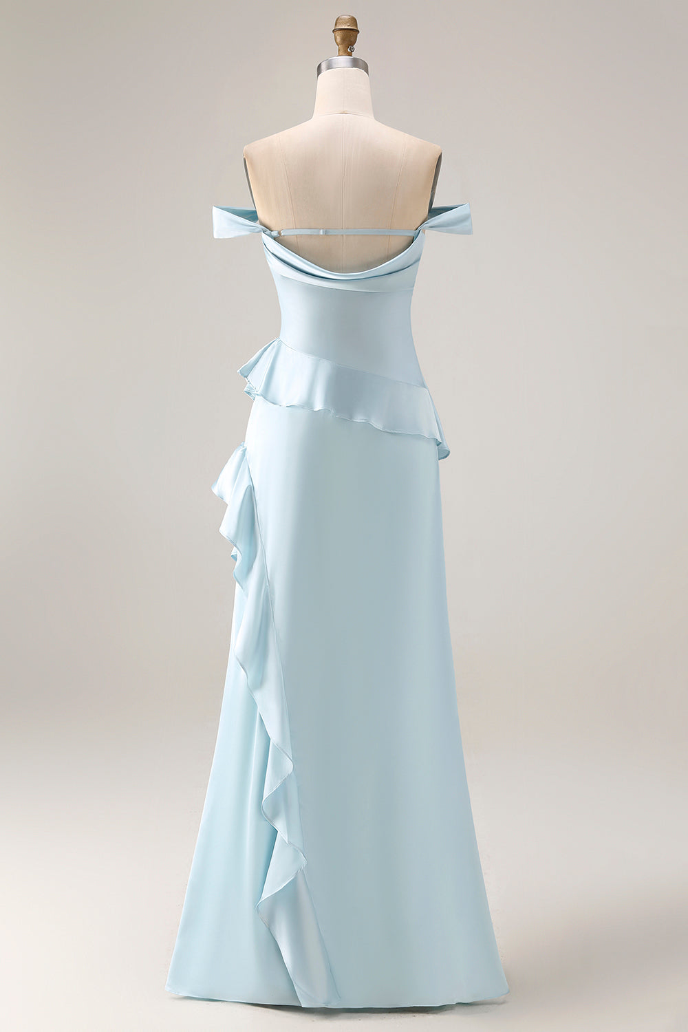 Light Blue Off-the-Shoulder Ruffled Mermaid Satin Long Bridesmaid Dress with Slit