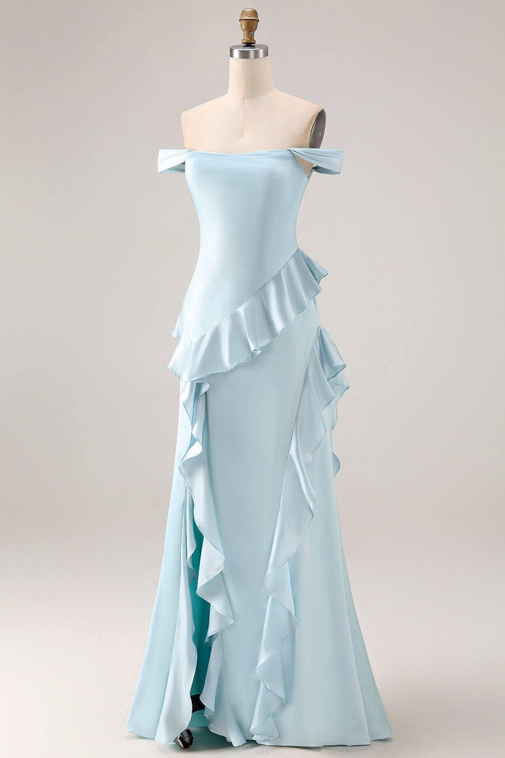 Light Blue Off-the-Shoulder Ruffled Mermaid Satin Long Bridesmaid Dress with Slit