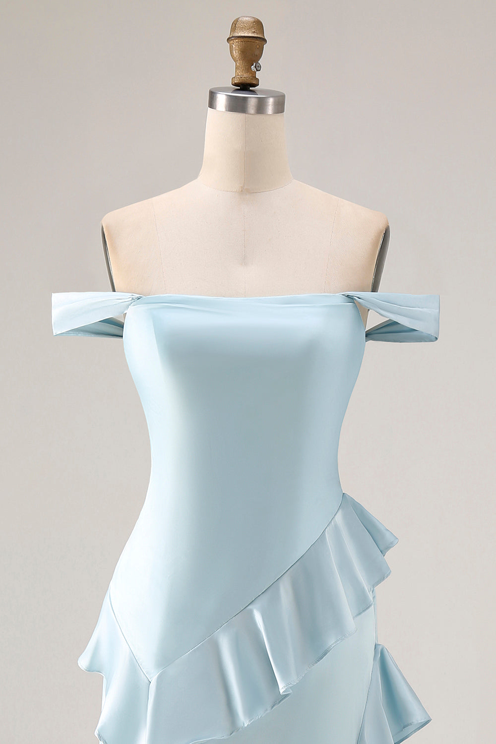 Light Blue Off-the-Shoulder Ruffled Mermaid Satin Long Bridesmaid Dress with Slit