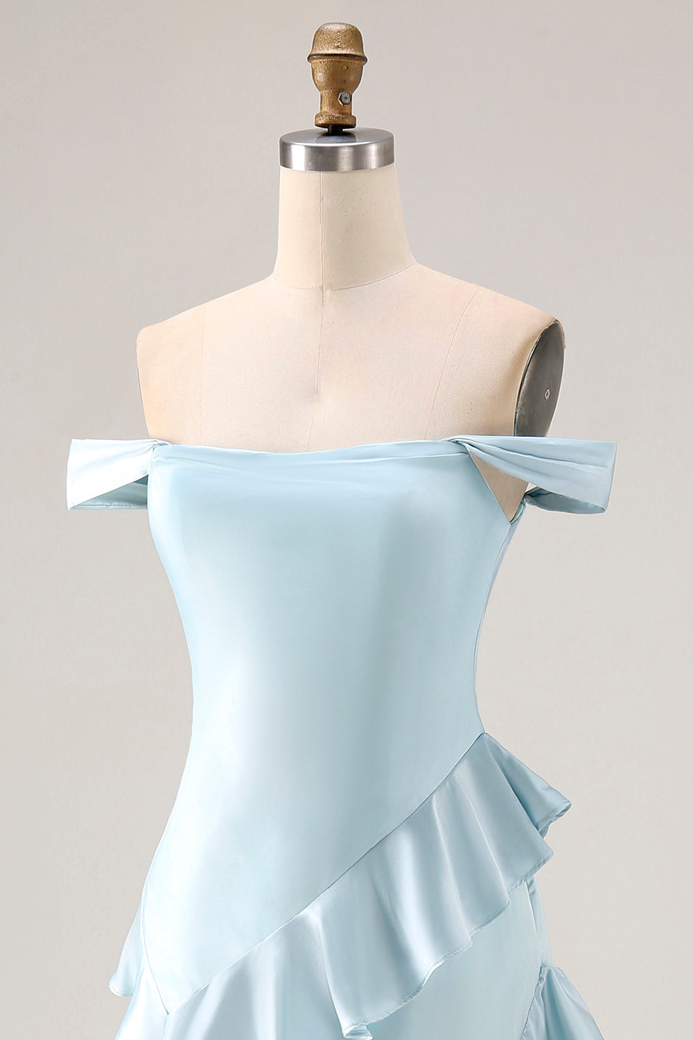 Light Blue Off-the-Shoulder Ruffled Mermaid Satin Long Bridesmaid Dress with Slit