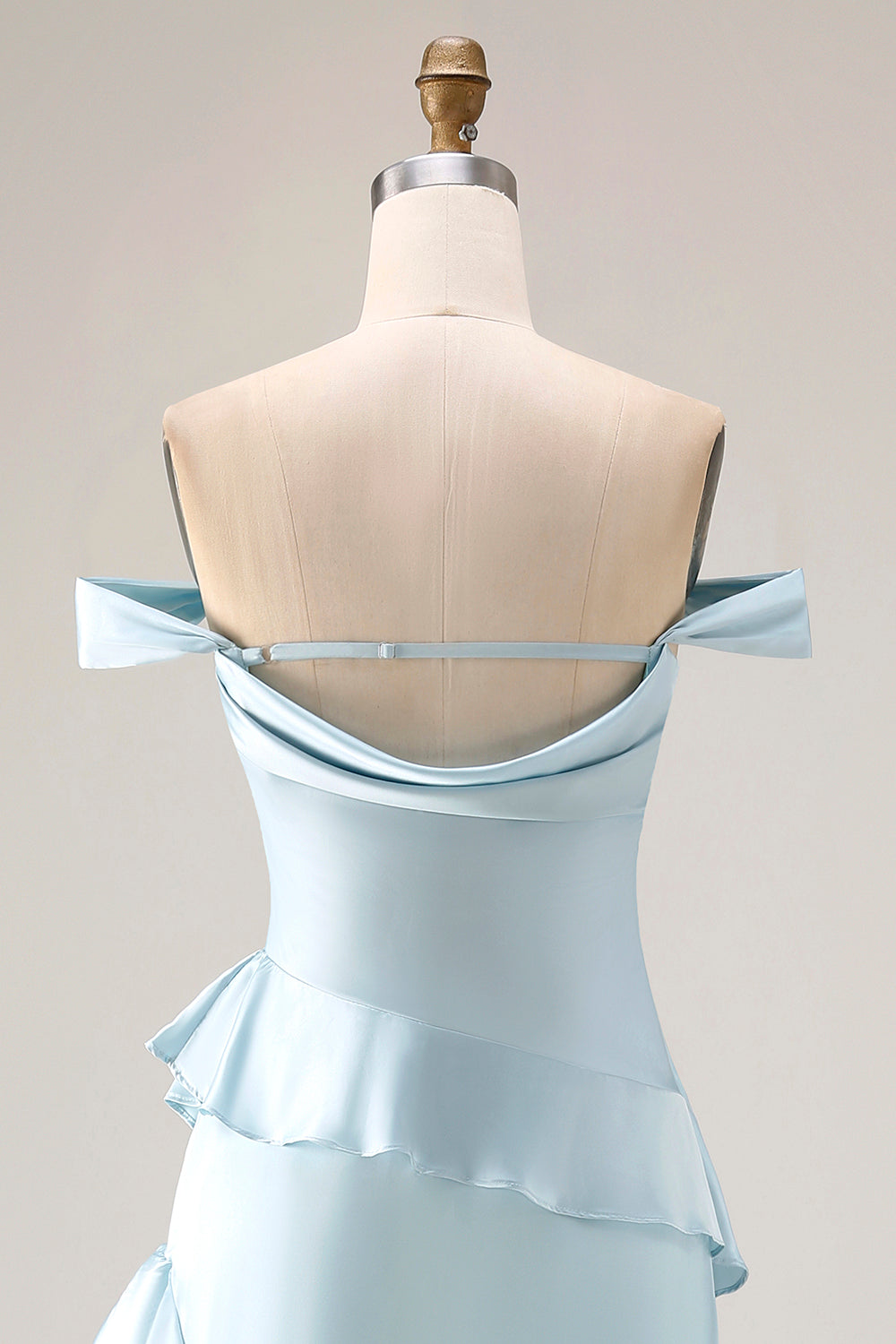 Light Blue Off-the-Shoulder Ruffled Mermaid Satin Long Bridesmaid Dress with Slit