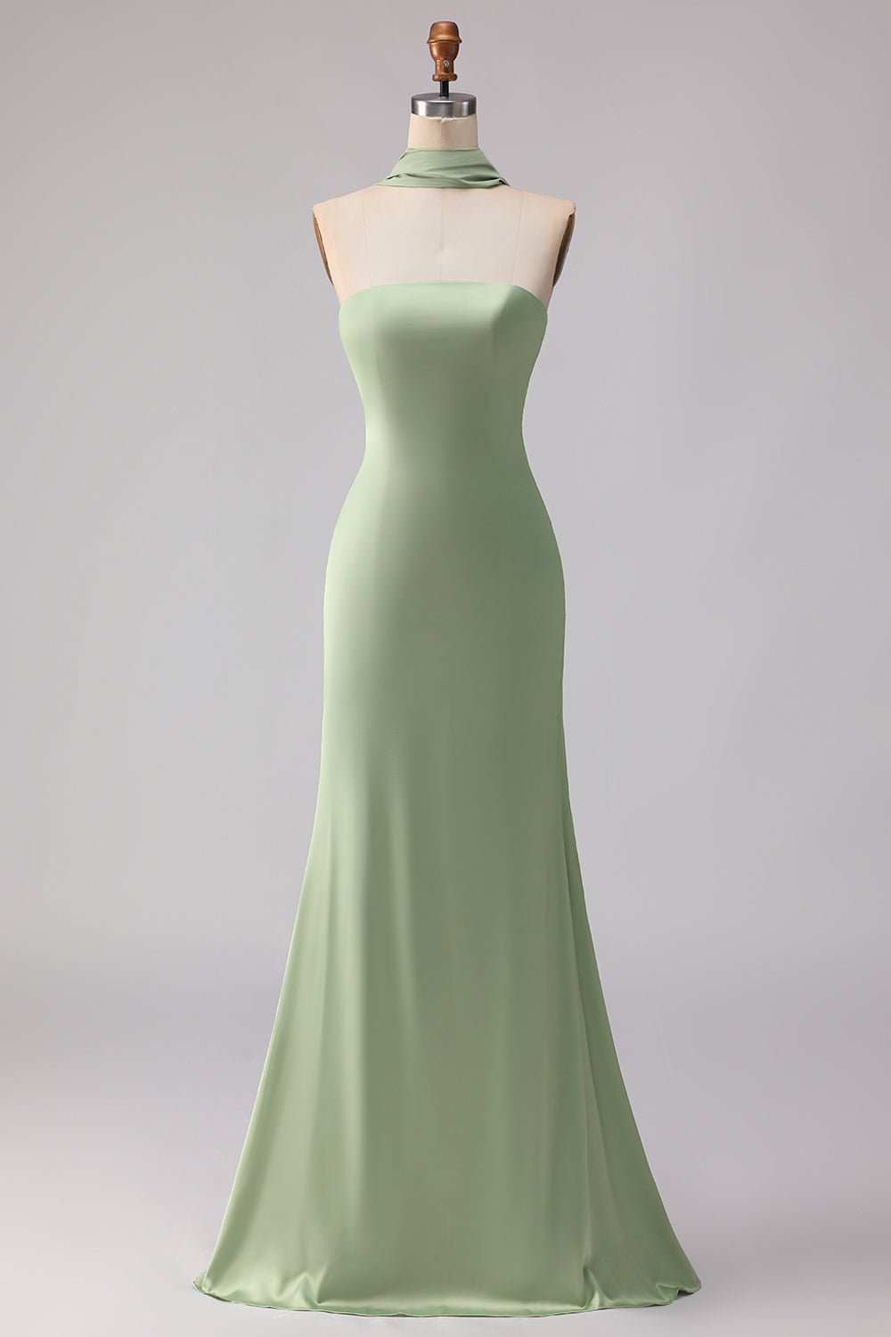 Strapless Dusty Sage Mermaid Satin Long Bridesmaid Dress with a Neck Scarf