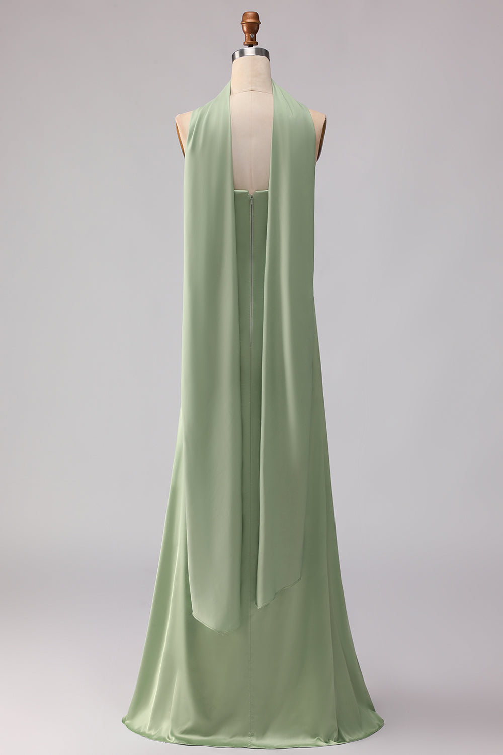 Strapless Dusty Sage Mermaid Satin Long Bridesmaid Dress with a Neck Scarf