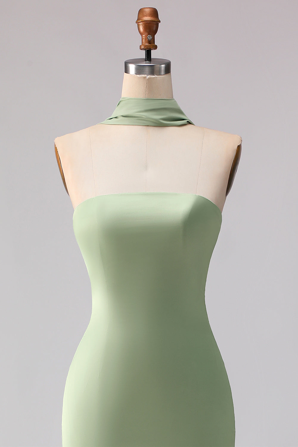 Strapless Dusty Sage Mermaid Satin Long Bridesmaid Dress with a Neck Scarf