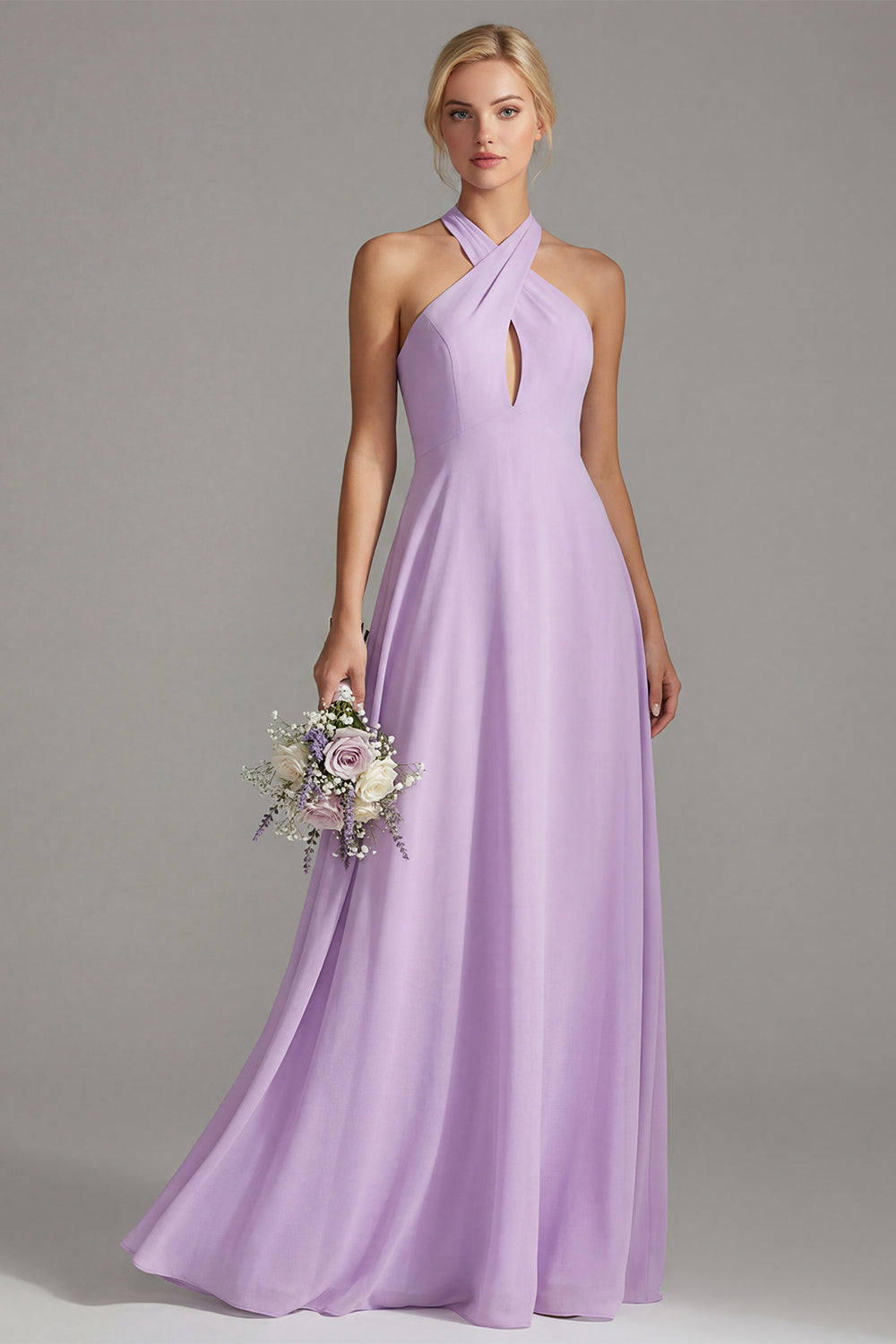 Halter A Line Lilac Cut Out Chiffon Long Bridesmaid Dress