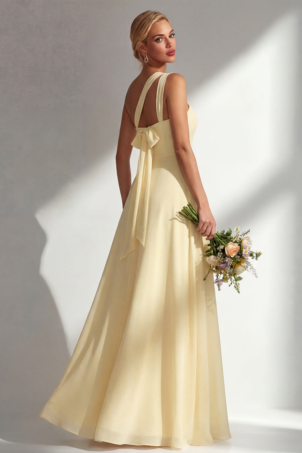 Lemon Sorbet A-Line Chiffon Convertible Long Bridesmaid Dress with Slit