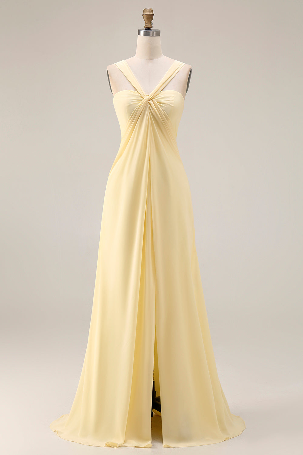 Lemon Sorbet A-Line Chiffon Convertible Long Bridesmaid Dress with Slit