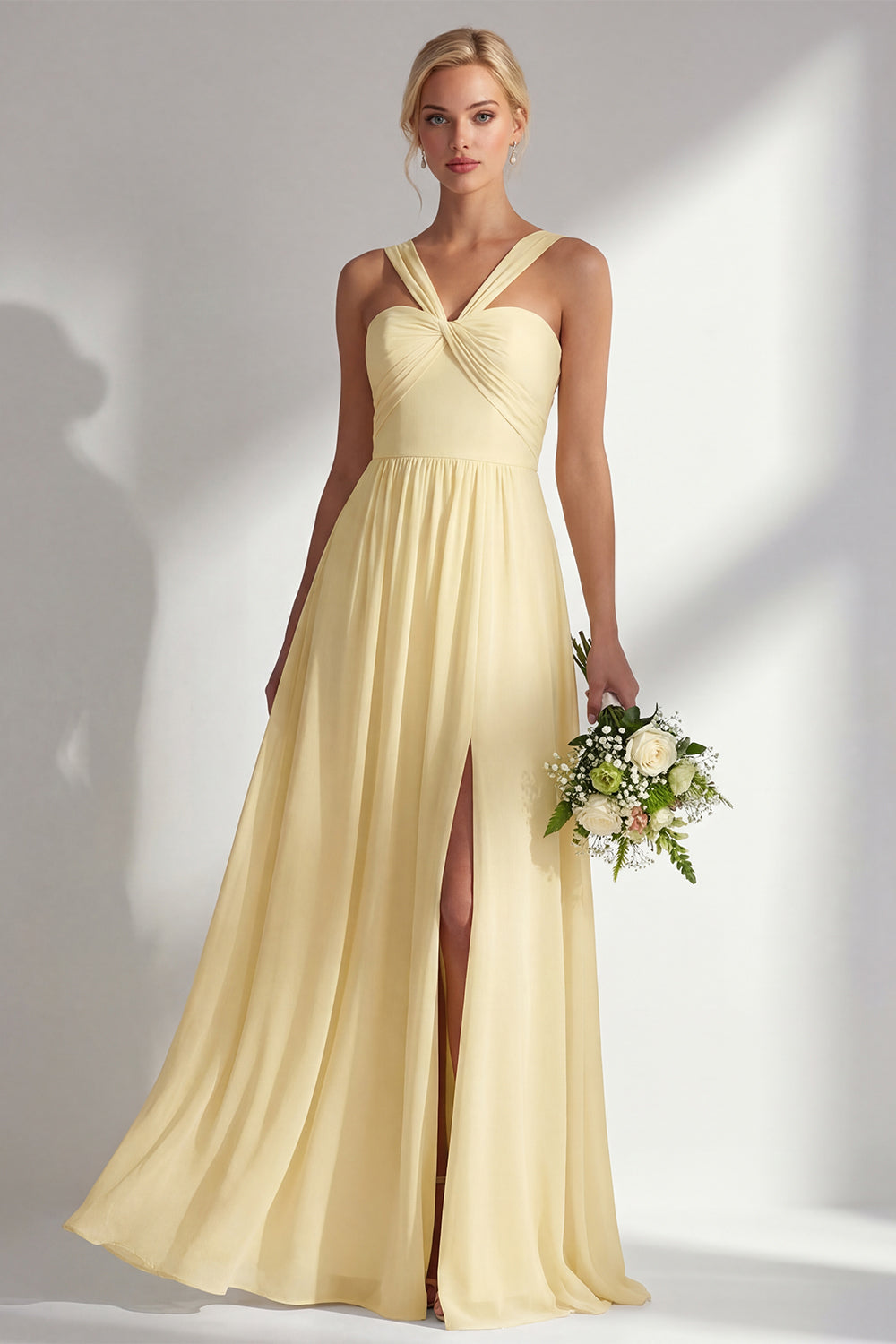 Lemon Sorbet A-Line Chiffon Convertible Long Bridesmaid Dress with Slit
