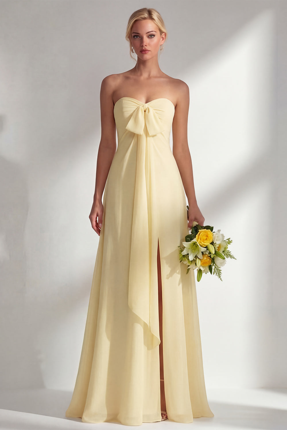 Lemon Sorbet A-Line Chiffon Convertible Long Bridesmaid Dress with Slit