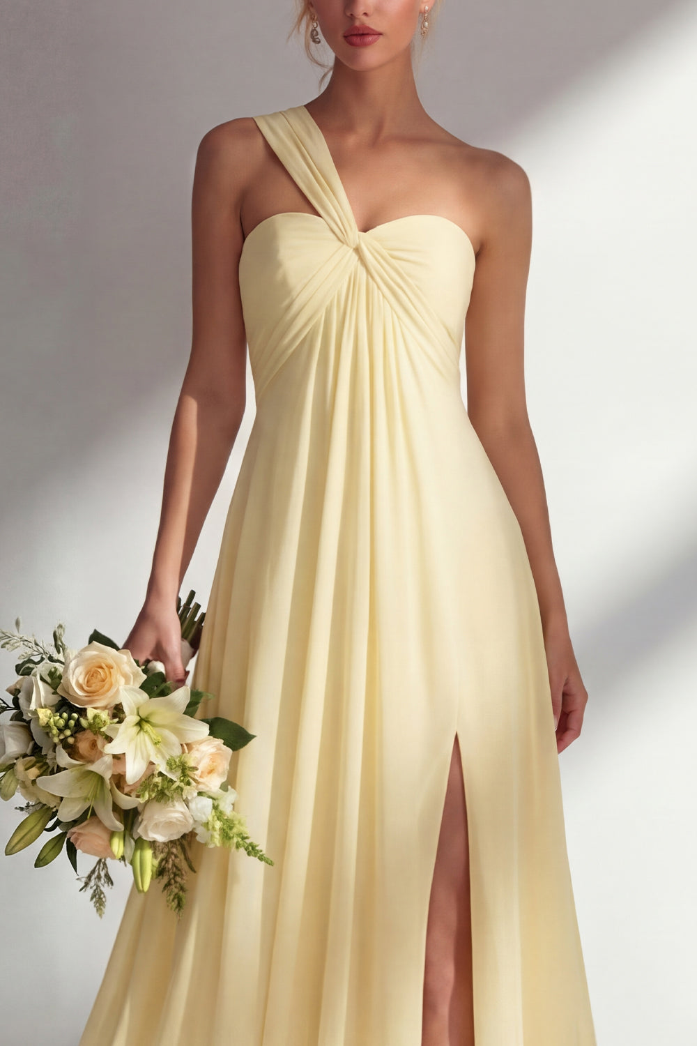 Lemon Sorbet A-Line Chiffon Convertible Long Bridesmaid Dress with Slit