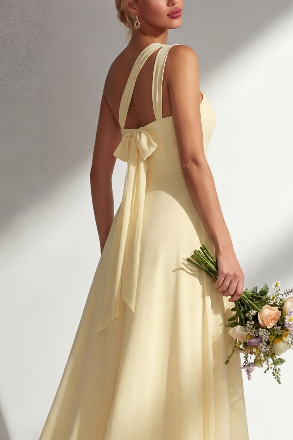 Lemon Sorbet A-Line Chiffon Convertible Long Bridesmaid Dress with Slit