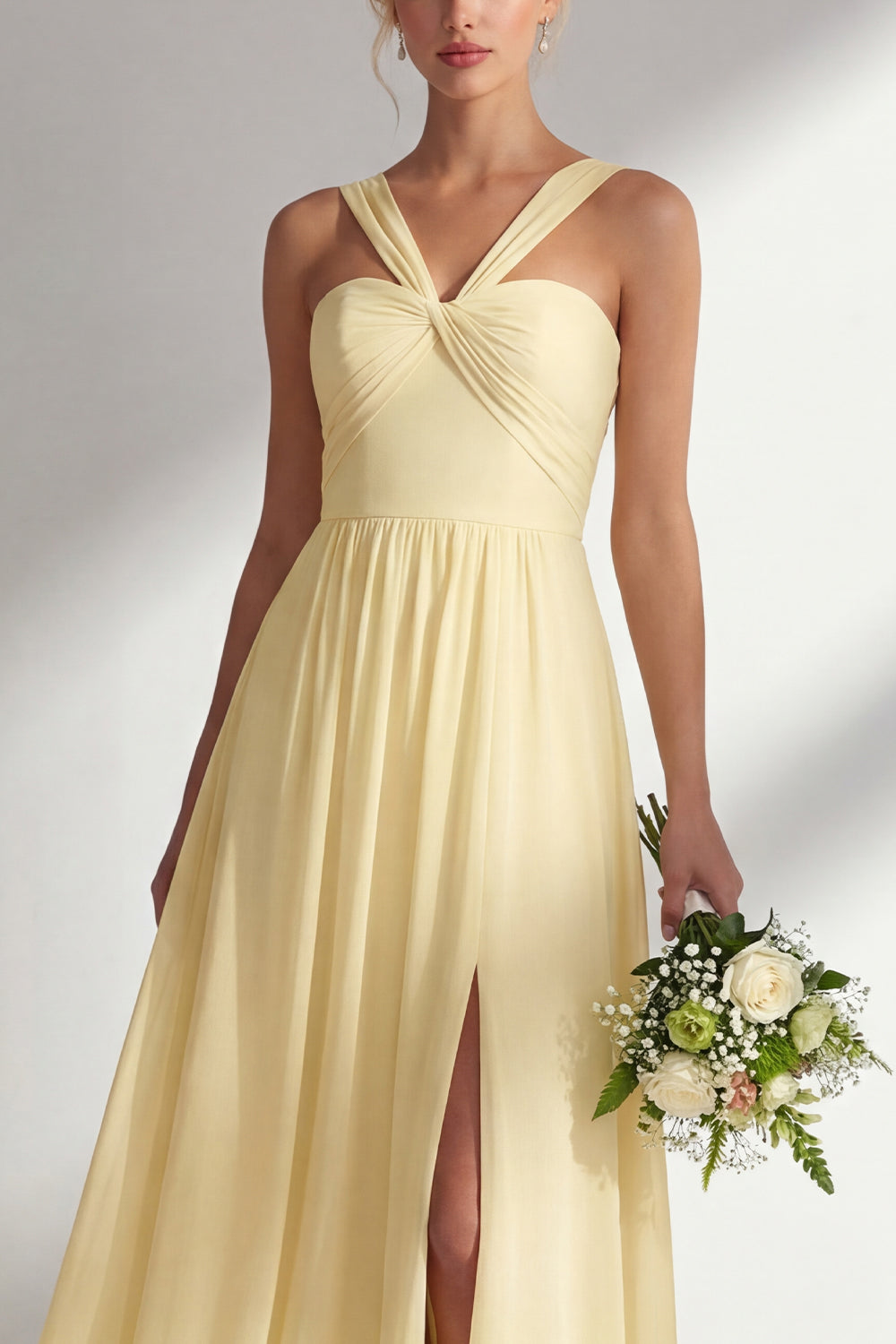 Lemon Sorbet A-Line Chiffon Convertible Long Bridesmaid Dress with Slit