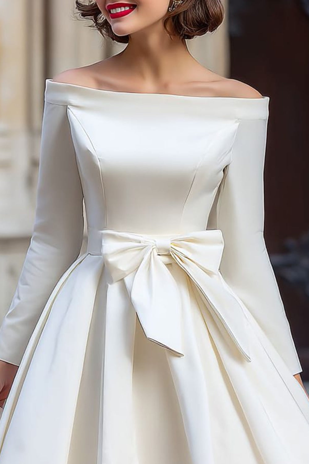 Off-the-Shoulder White A-Line Short Wedding Dress with Long Sleeves