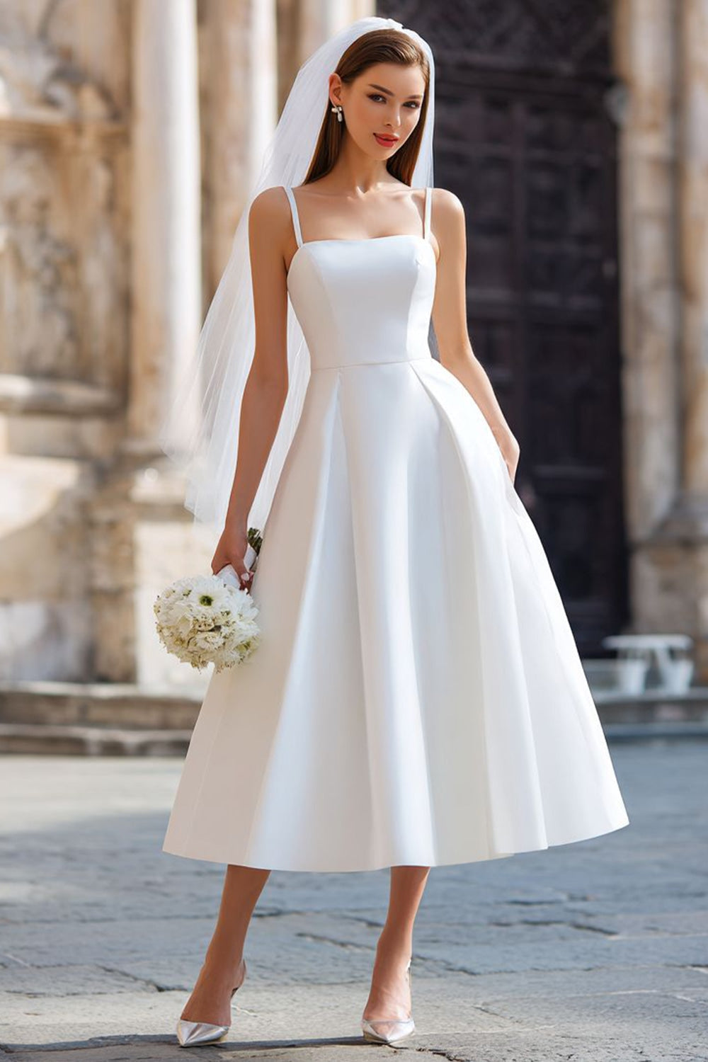 White A-Line Spaghetti Strap Long Wedding Dress with Detachable Bow