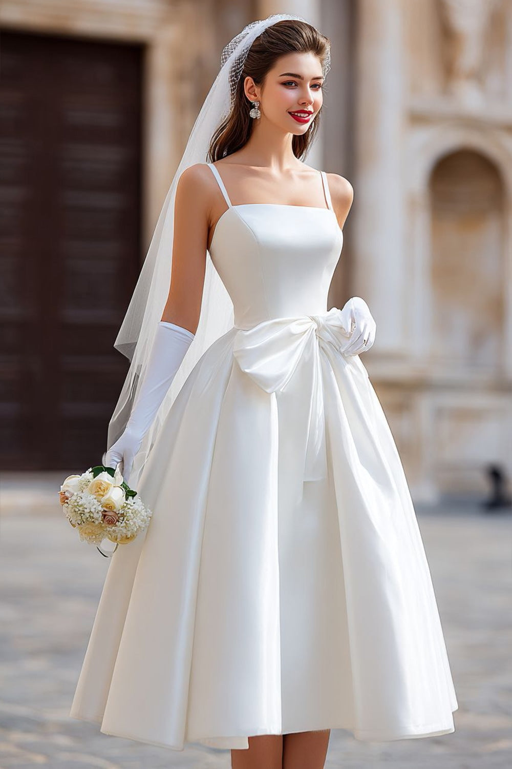 White A-Line Spaghetti Strap Long Wedding Dress with Detachable Bow