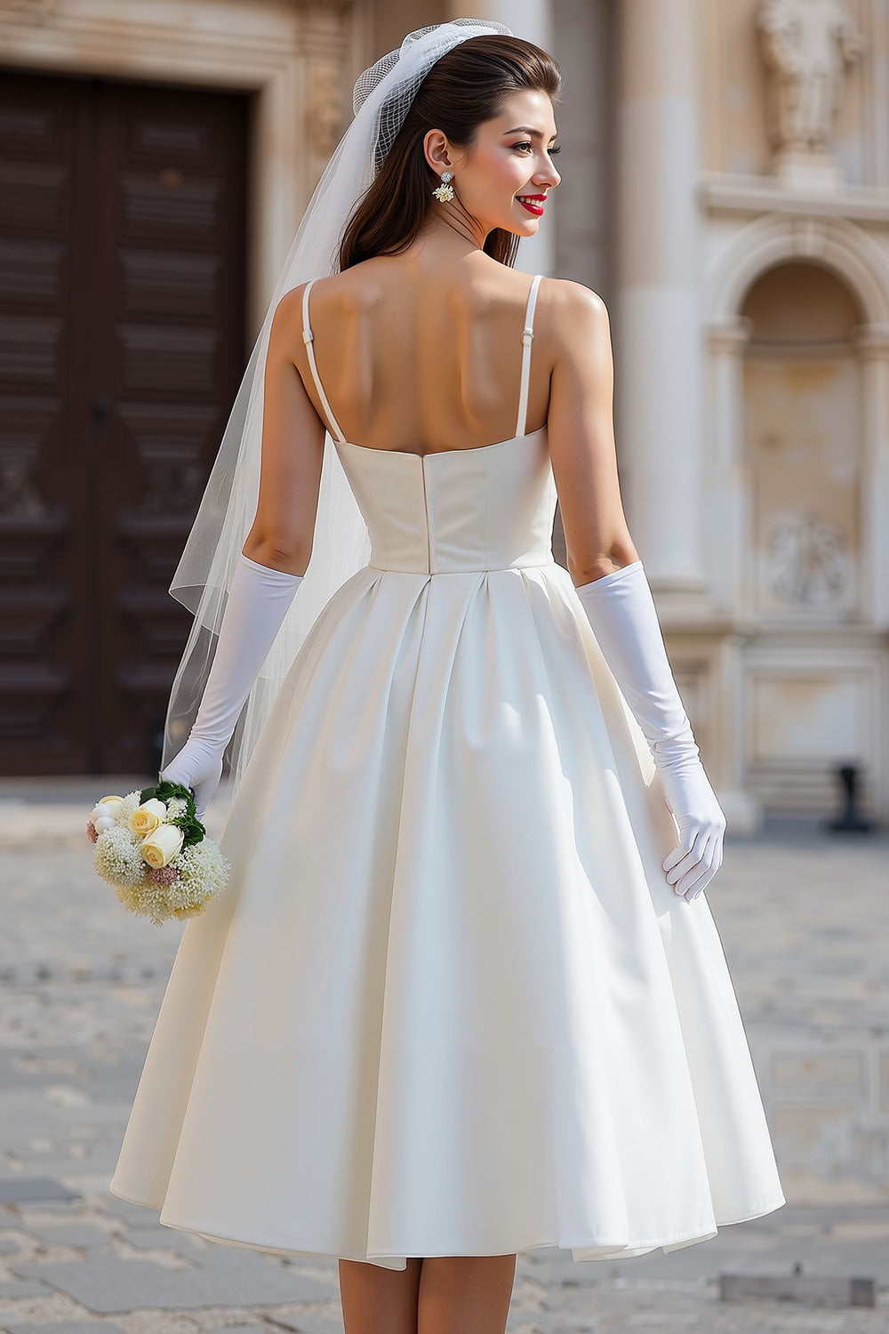 White A-Line Spaghetti Strap Long Wedding Dress with Detachable Bow
