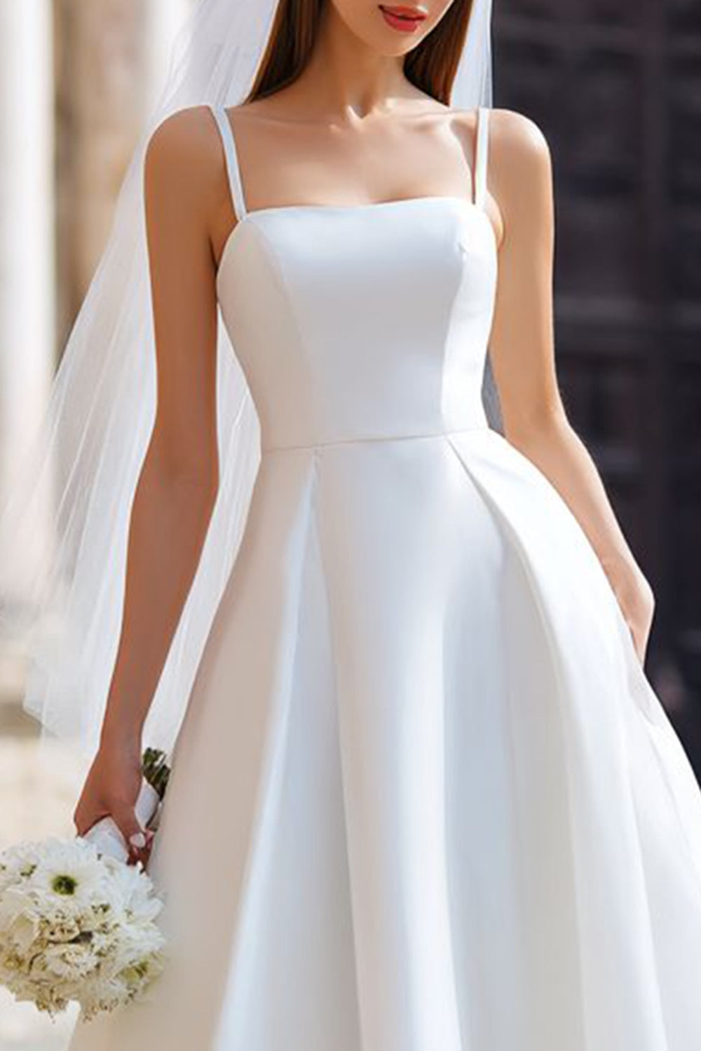 White A-Line Spaghetti Strap Long Wedding Dress with Detachable Bow