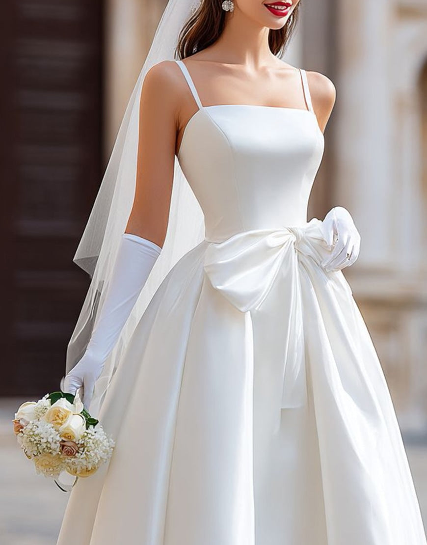 White A-Line Spaghetti Strap Long Wedding Dress with Detachable Bow