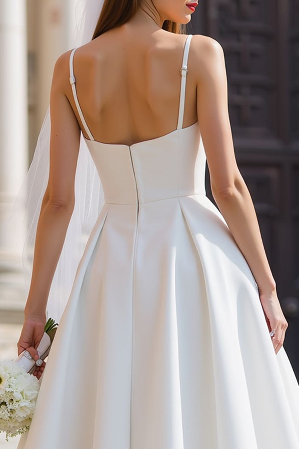 White A-Line Spaghetti Strap Long Wedding Dress with Detachable Bow