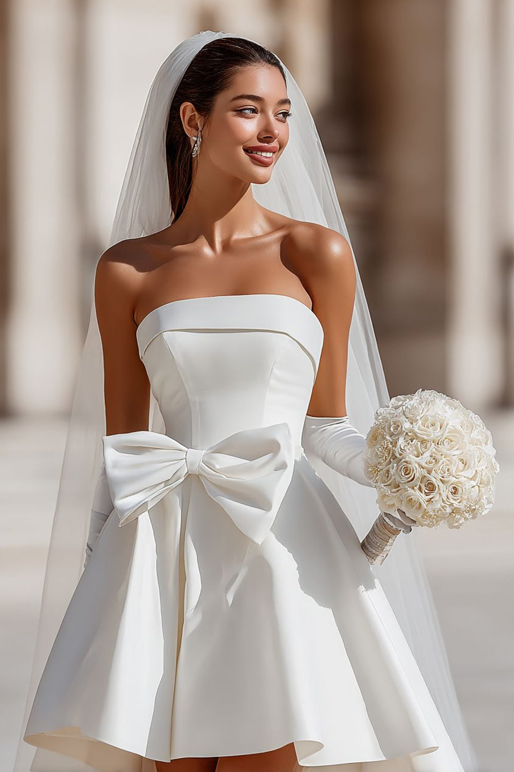 White A-Line Strapless Short Wedding Dress with Pockets