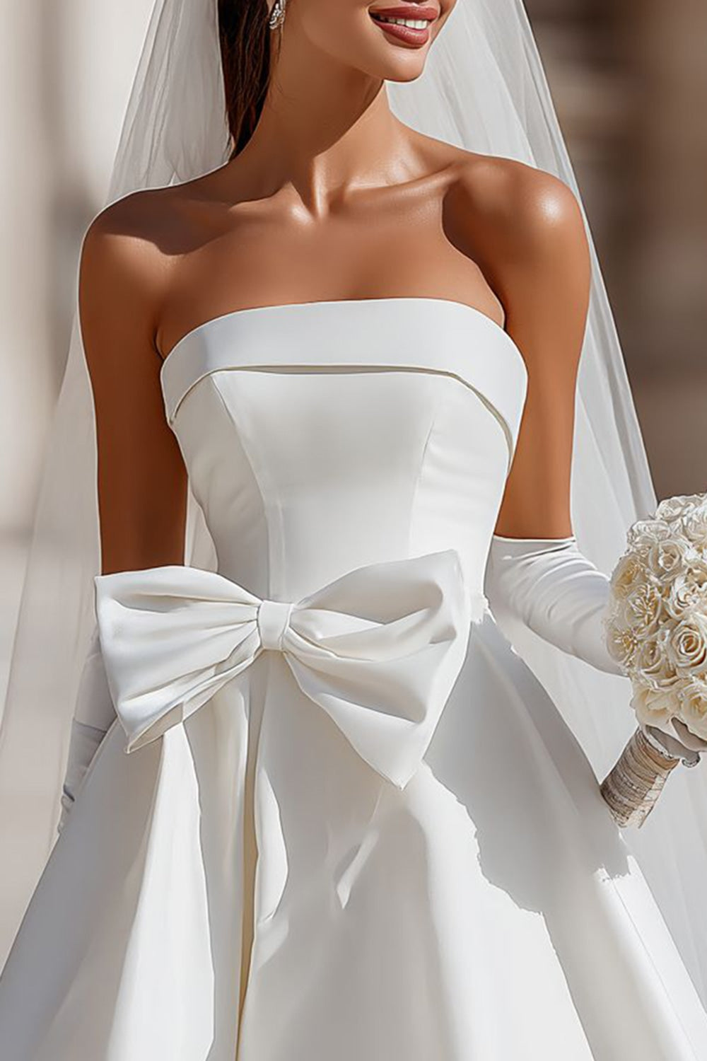 White A-Line Strapless Short Wedding Dress with Pockets
