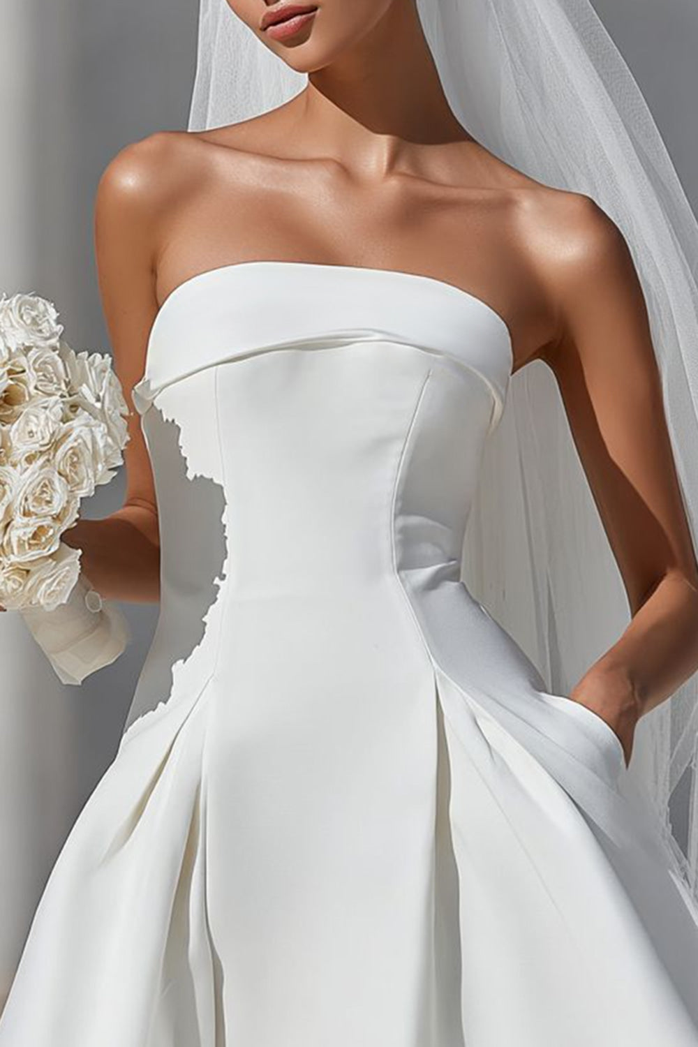 White A-Line Strapless Short Wedding Dress with Pockets
