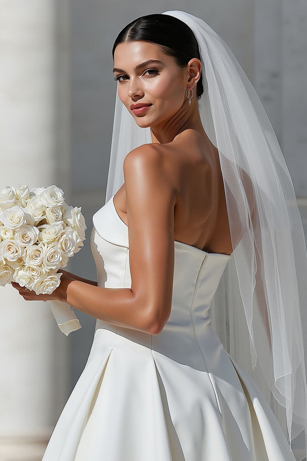 White A-Line Strapless Short Wedding Dress with Pockets