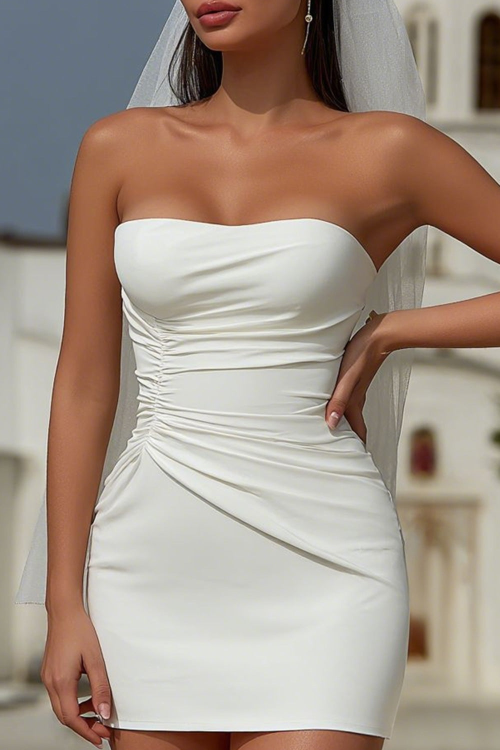 White Bodycon Strapless Ruched Short Wedding Dress