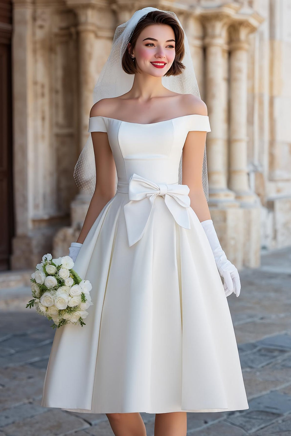 Vestido de novia midi blanco tipo corsé con escote Bardot y lazos
