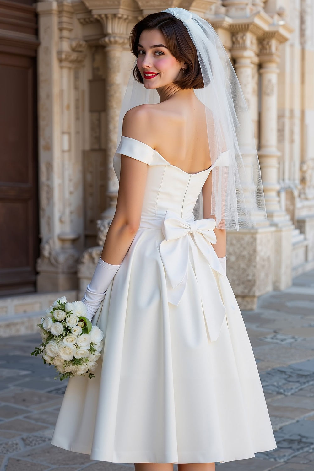 Vestido de novia midi blanco tipo corsé con escote Bardot y lazos