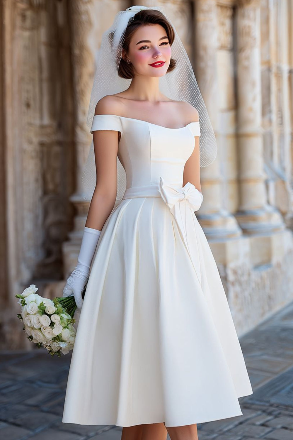 Vestido de novia midi blanco tipo corsé con escote Bardot y lazos