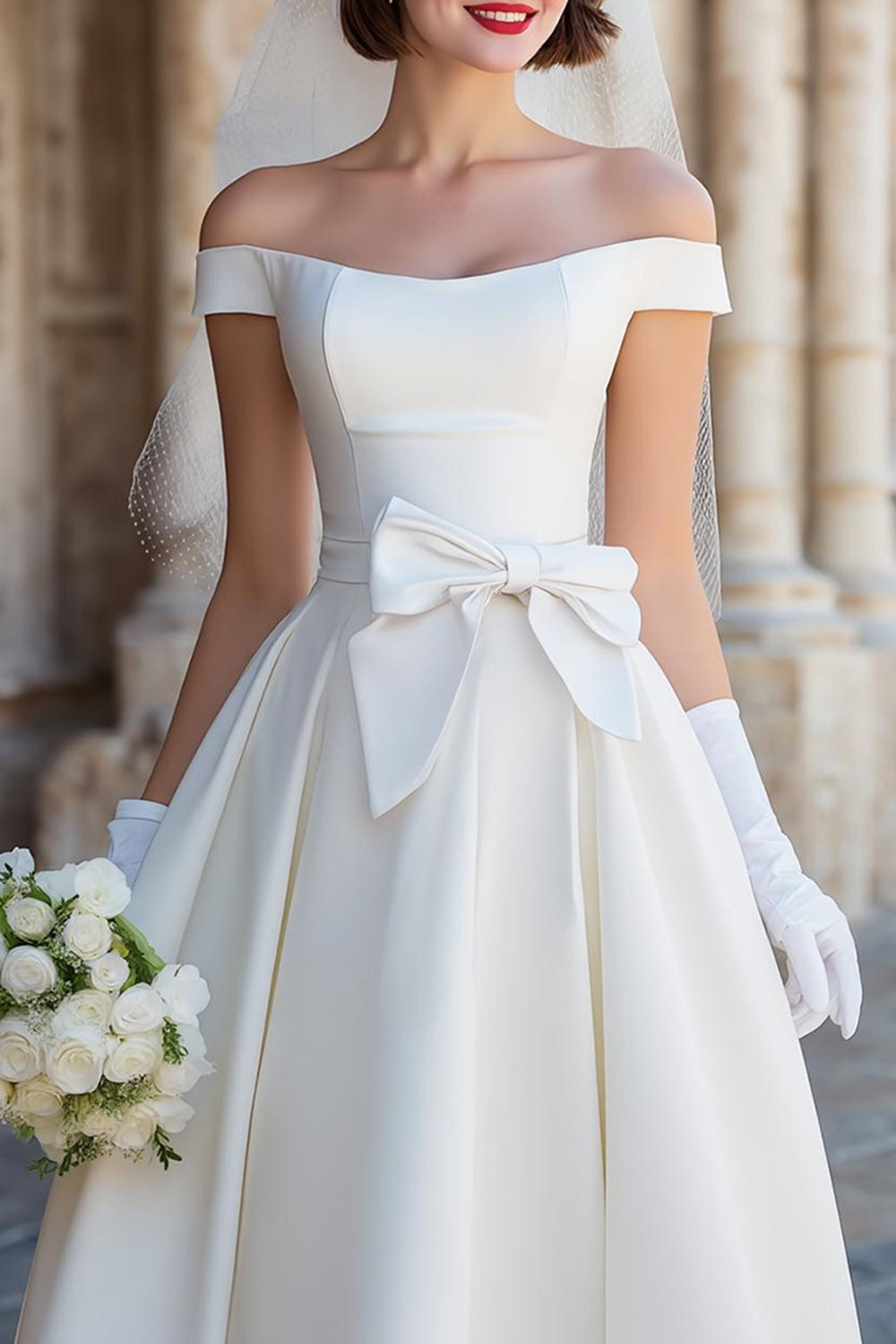 Vestido de novia midi blanco tipo corsé con escote Bardot y lazos