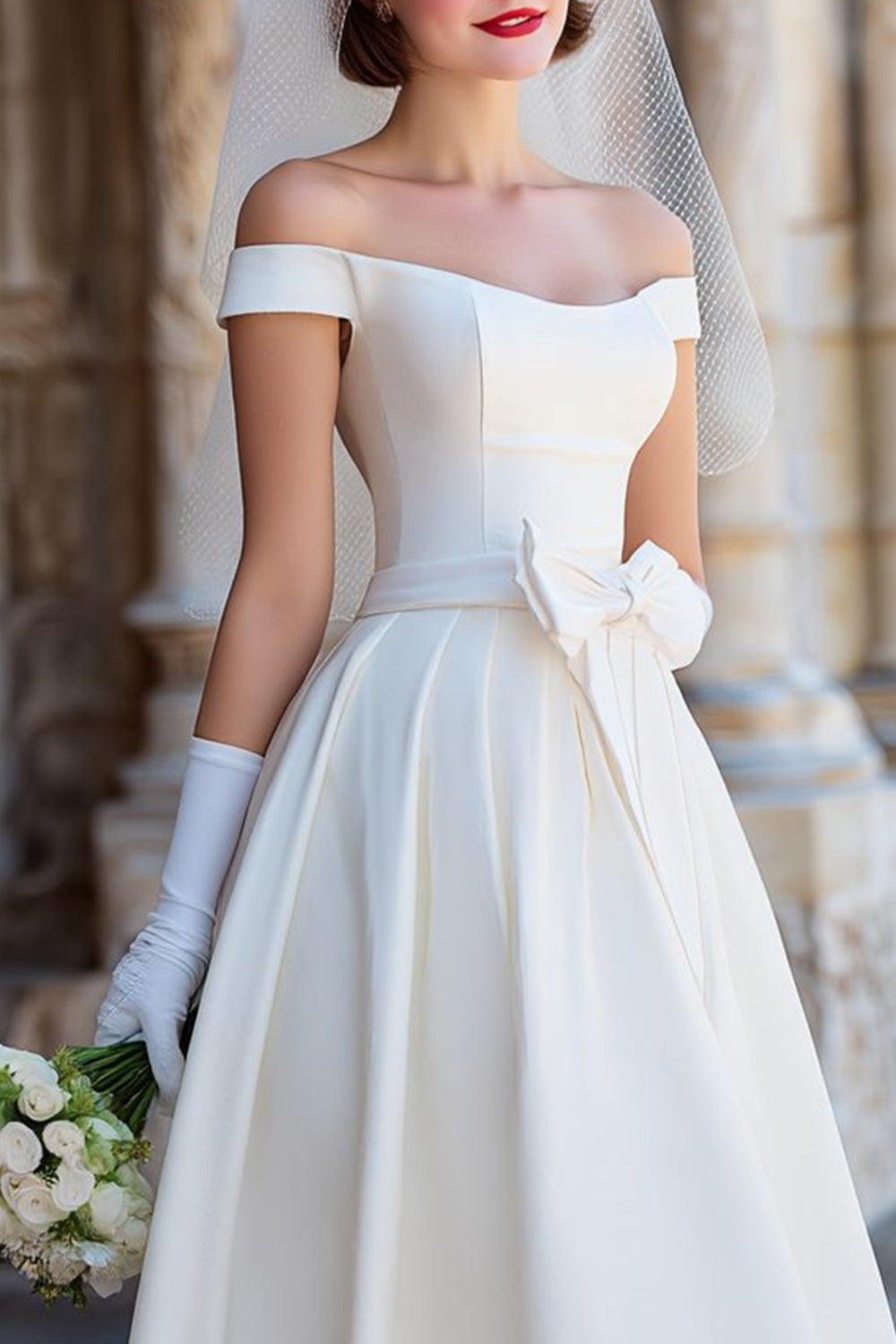 Vestido de novia midi blanco tipo corsé con escote Bardot y lazos
