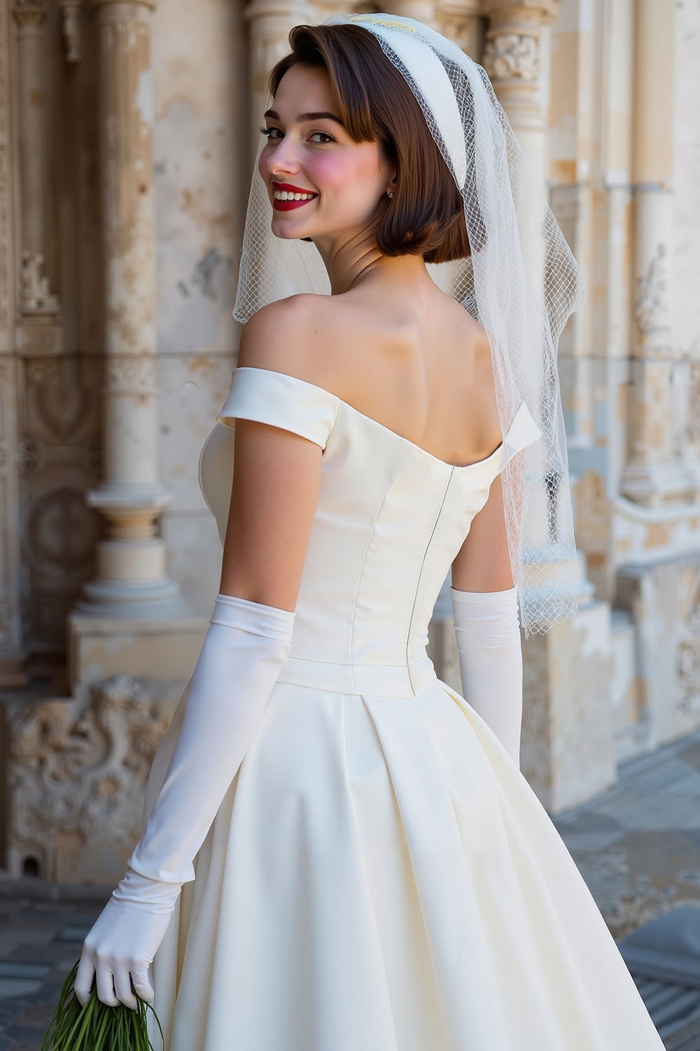 Vestido de novia midi blanco tipo corsé con escote Bardot y lazos